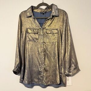 NWT Sara Michele Blouse. Teal/gold metallic. Size L